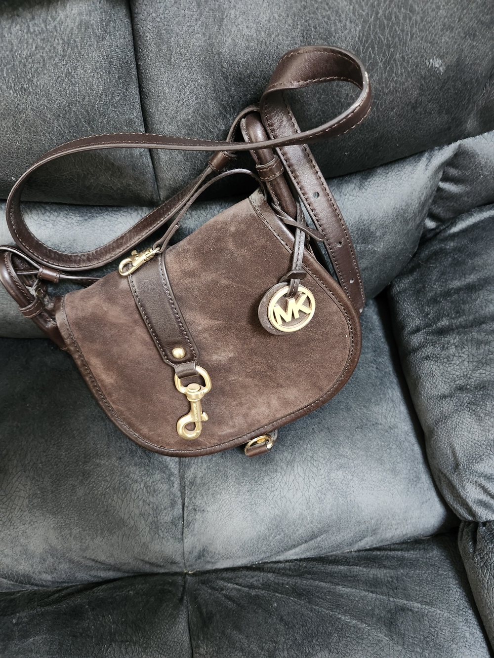 Michael Kors Dark Brown Suede Crossbody Saddle Bag with Gold Hardware